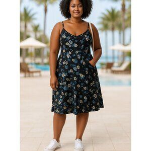 Torrid Midi Challis Sleeveless Trapeze Dress Nina Floral Deep Black SZ 3 / US 3X